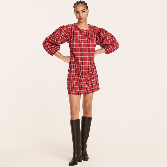 NWT J. Crew Puff-sleeve dress in Good Tidings plaid - Picture 1 of 9